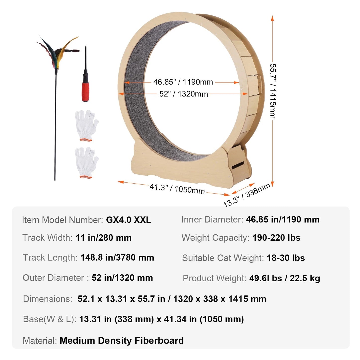 SucceBuy Wooden Cat Exercise Wheel Large Cat Treadmill Wheel for Indoor Cat Running Wheel with Detachable Carpet& Cat Teaser Trendycat