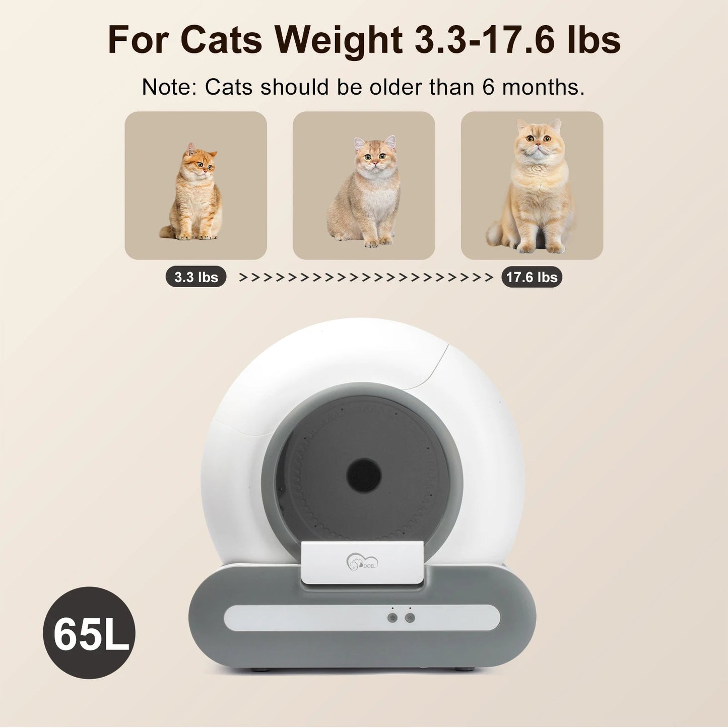 DOEL 65L Self-Cleaning Cat Litter Box App Control, ONLY Supports 2.4G WiFi w/Litter Mat&Trash Bags, Fit for Tofu & Mixed Litter Trendycat