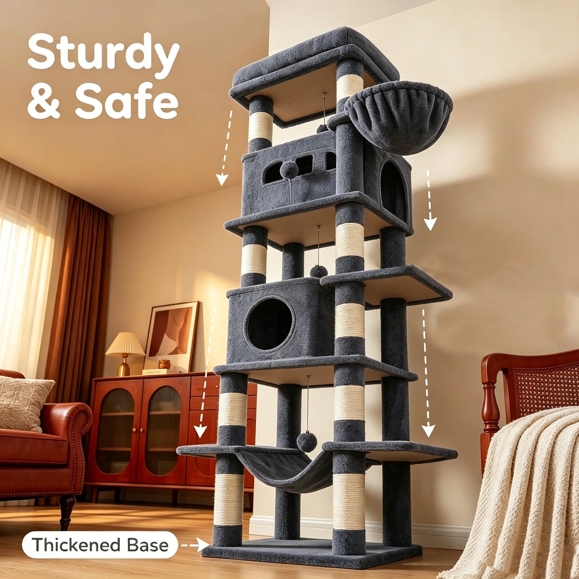 170 cm Large Cat Tree, Cat Tower for Maine Cat, Multi-Level Scratching Post with Large Perch, Washable Mat Trendycat