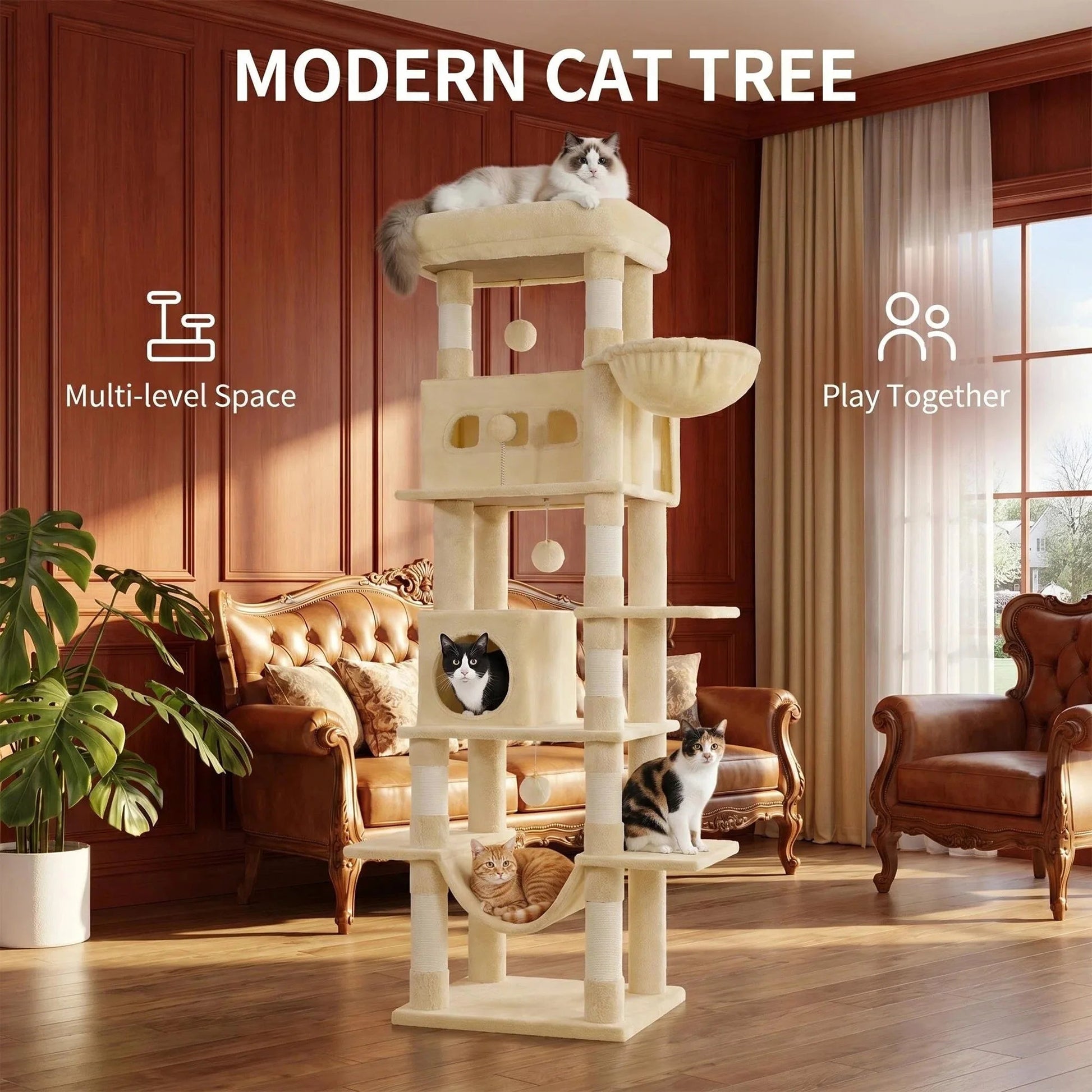 170 cm Large Cat Tree, Cat Tower for Maine Cat, Multi-Level Scratching Post with Large Perch, Washable Mat Trendycat