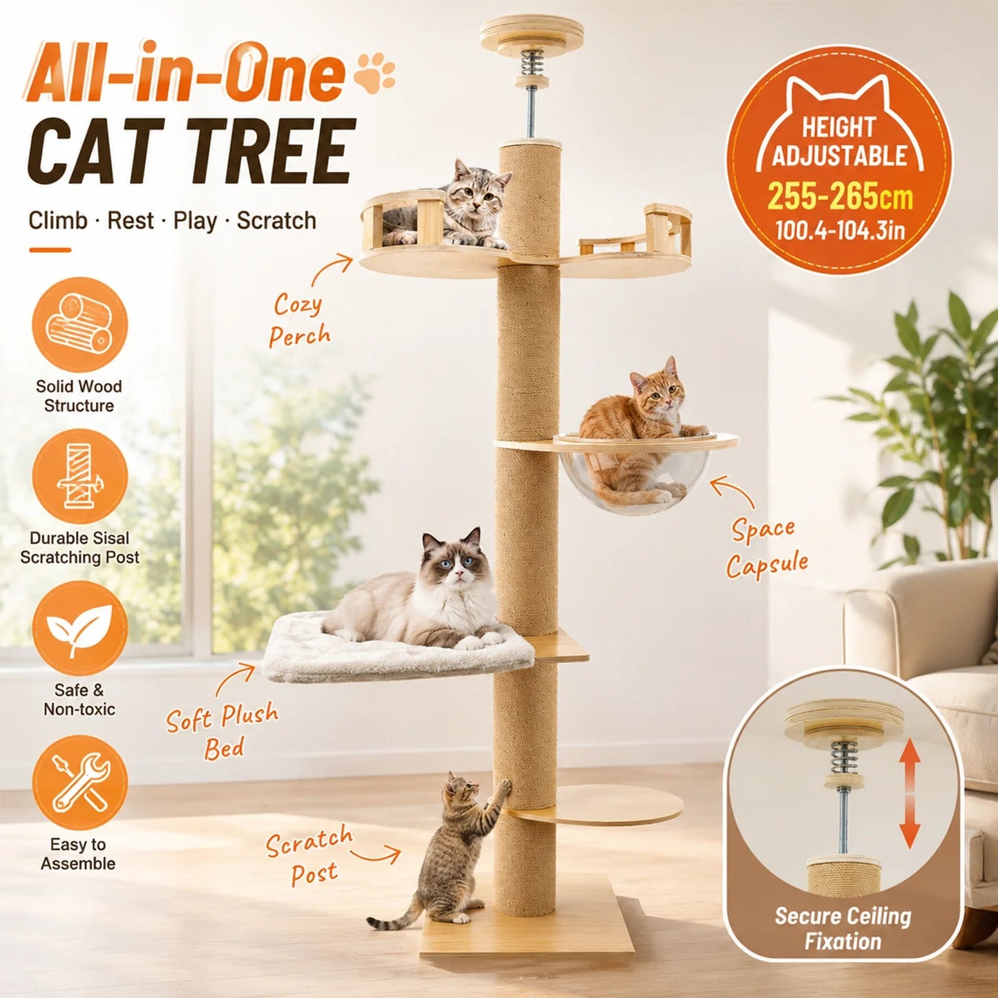 Minimalist Solid Wood Cat Tree, Multi-layer Platform Cat Climbing Frame, Spacious Cat Nest Sisal Scratching Post Pine Stable Base Indoor Pet Furniture Trendycat