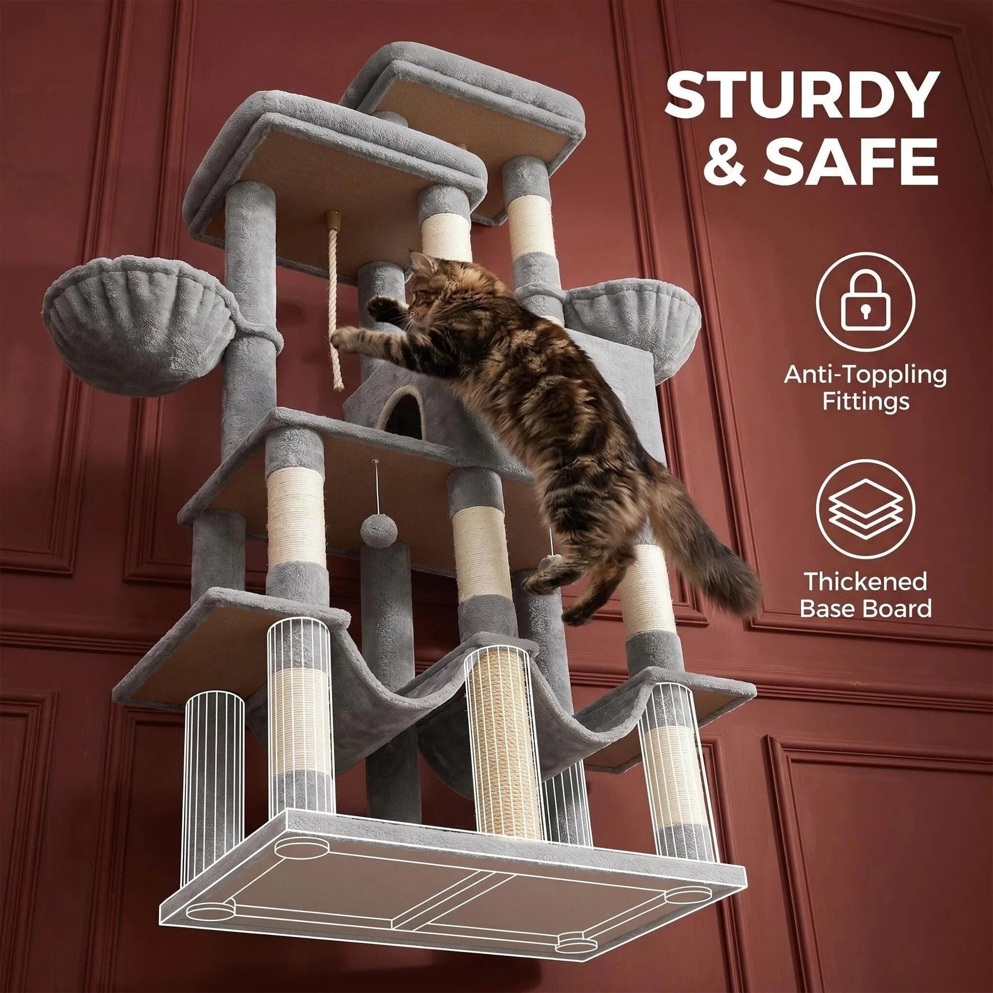 170 cm Large Cat Tree, Cat Tower for Maine Cat, Multi-Level Scratching Post with Large Perch, Washable Mat Trendycat