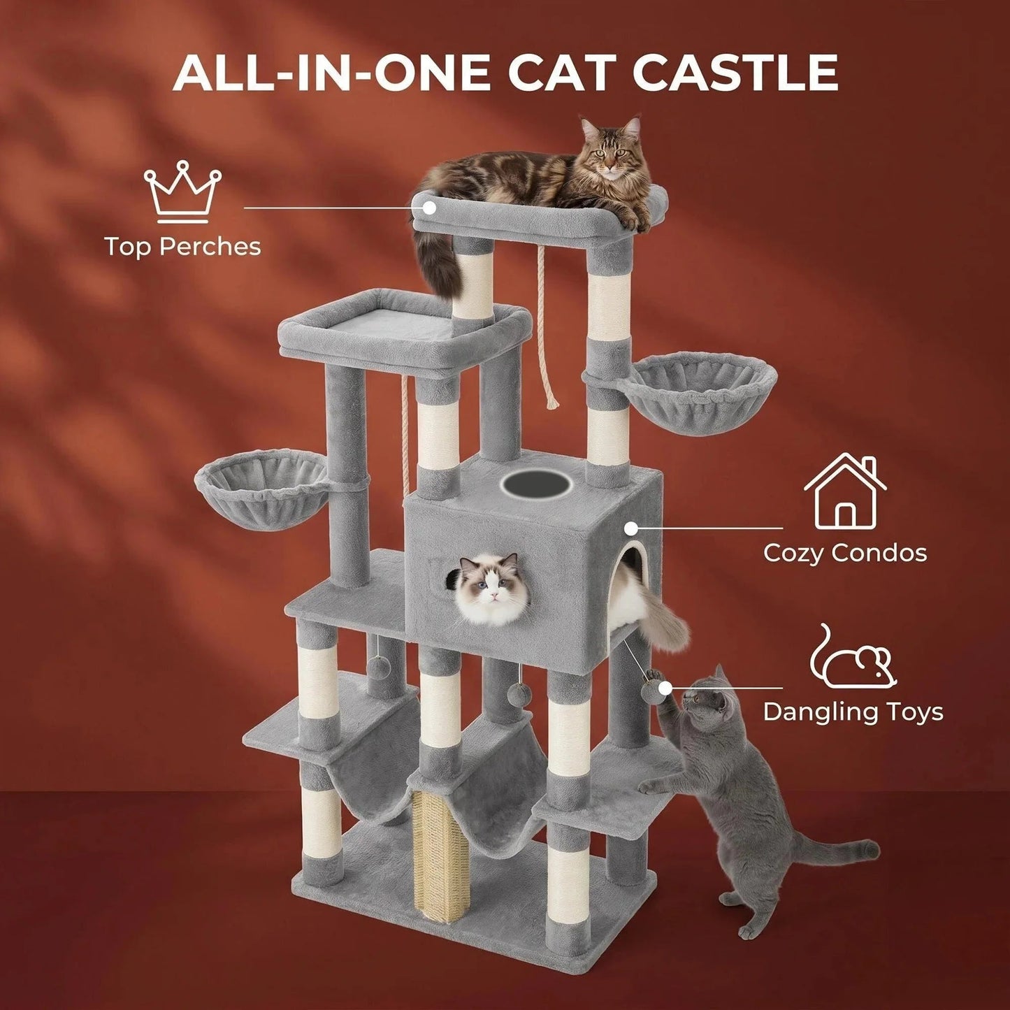 170 cm Large Cat Tree, Cat Tower for Maine Cat, Multi-Level Scratching Post with Large Perch, Washable Mat Trendycat