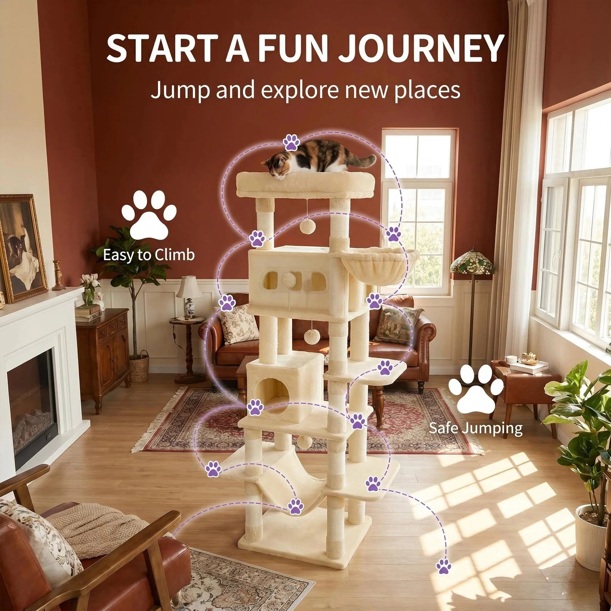 170 cm Large Cat Tree, Cat Tower for Maine Cat, Multi-Level Scratching Post with Large Perch, Washable Mat Trendycat