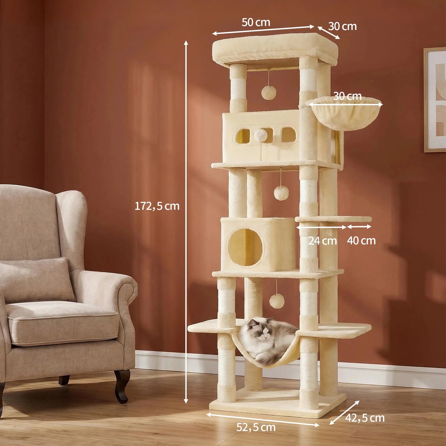 170 cm Large Cat Tree, Cat Tower for Maine Cat, Multi-Level Scratching Post with Large Perch, Washable Mat Trendycat