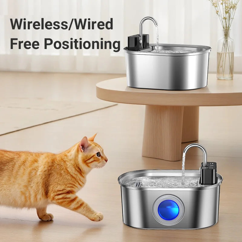ROJECO 3.2L Stainless Steel Cat Water Fountain Wireless Sensor Smart Automatic Dog Water Dispenser Drinking Fountain 4000mAh Trendycat