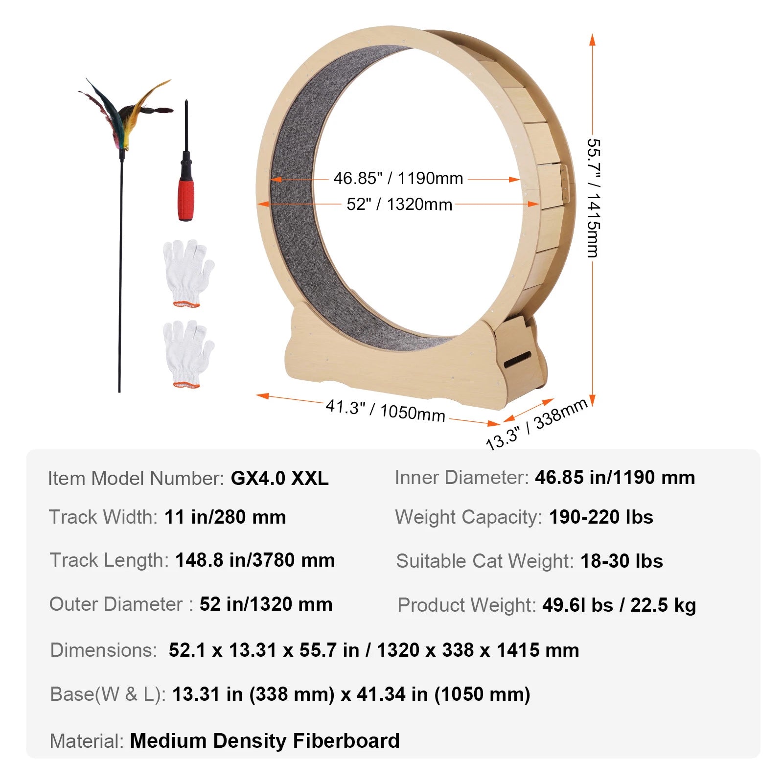 SucceBuy Wooden Cat Exercise Wheel Large Cat Treadmill Wheel for Indoor Cat Running Wheel with Detachable Carpet& Cat Teaser Trendycat