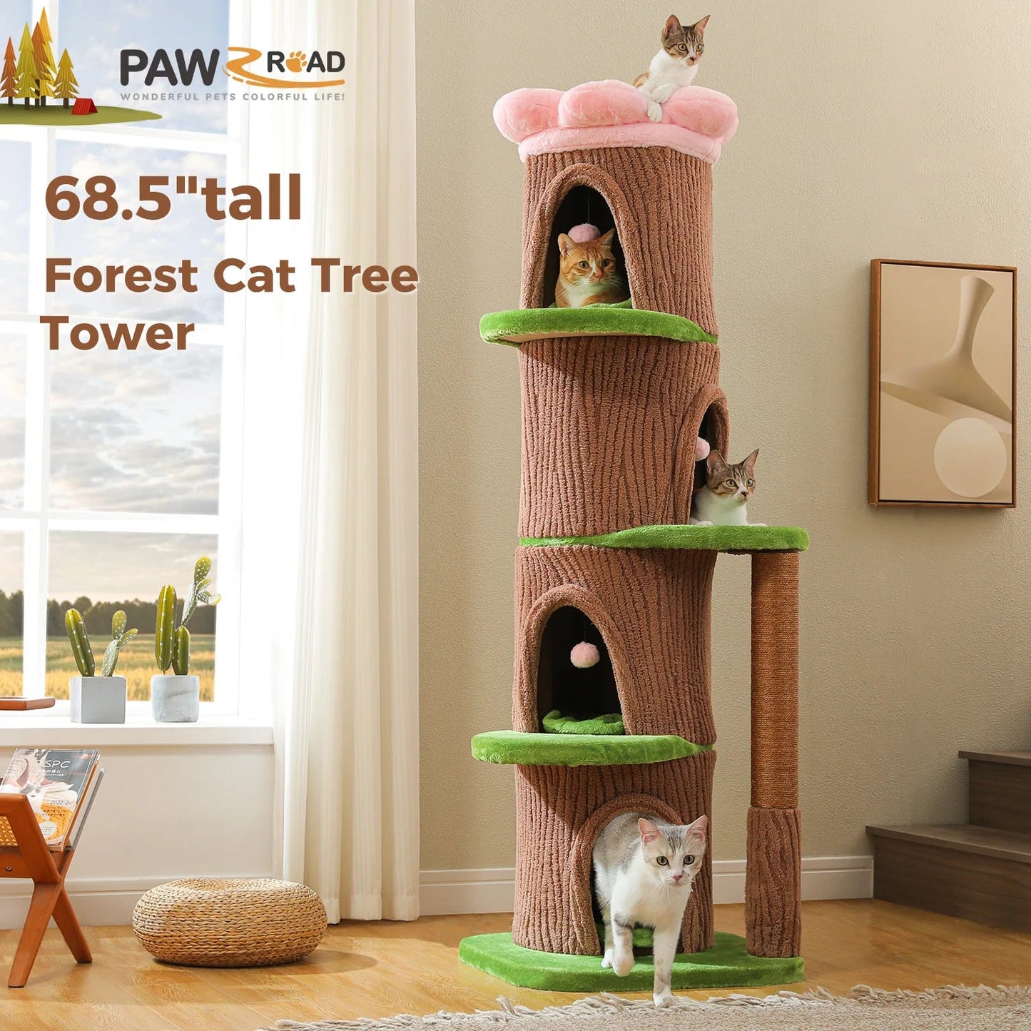 Large Cat Tree with 4 Spacious Condos Thick Scratching Post Flower Top Bed Tall Cat Tower for Indoor Luxury Cat House Bed Toys Trendycat