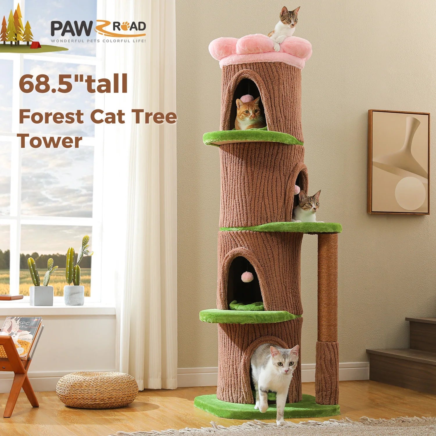 Large Cat Tree with 4 Spacious Condos Thick Scratching Post Flower Top Bed Tall Cat Tower for Indoor Luxury Cat House Bed Toys Trendycat