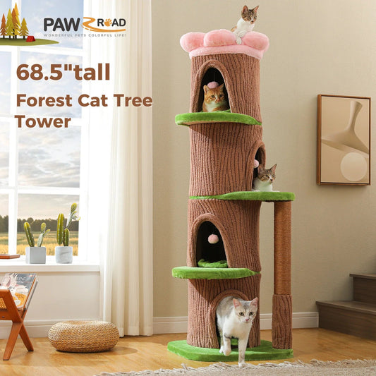 Large Cat Tree with 4 Spacious Condos Thick Scratching Post Flower Top Bed Tall Cat Tower for Indoor Luxury Cat House Bed Toys Trendycat