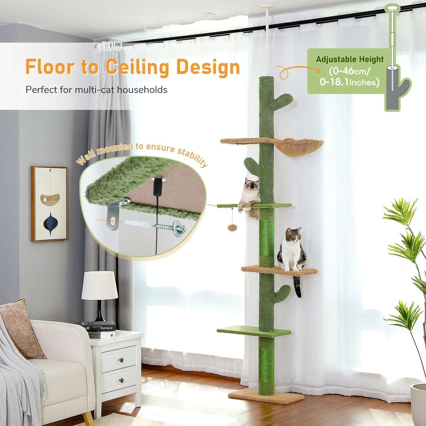 Cat Tree 5-Tier Floor to Ceiling Cat Tower Cactus Tall Climbing Tree with Scratching Post Hammock Dangling Ball for Indoor Cats Trendycat