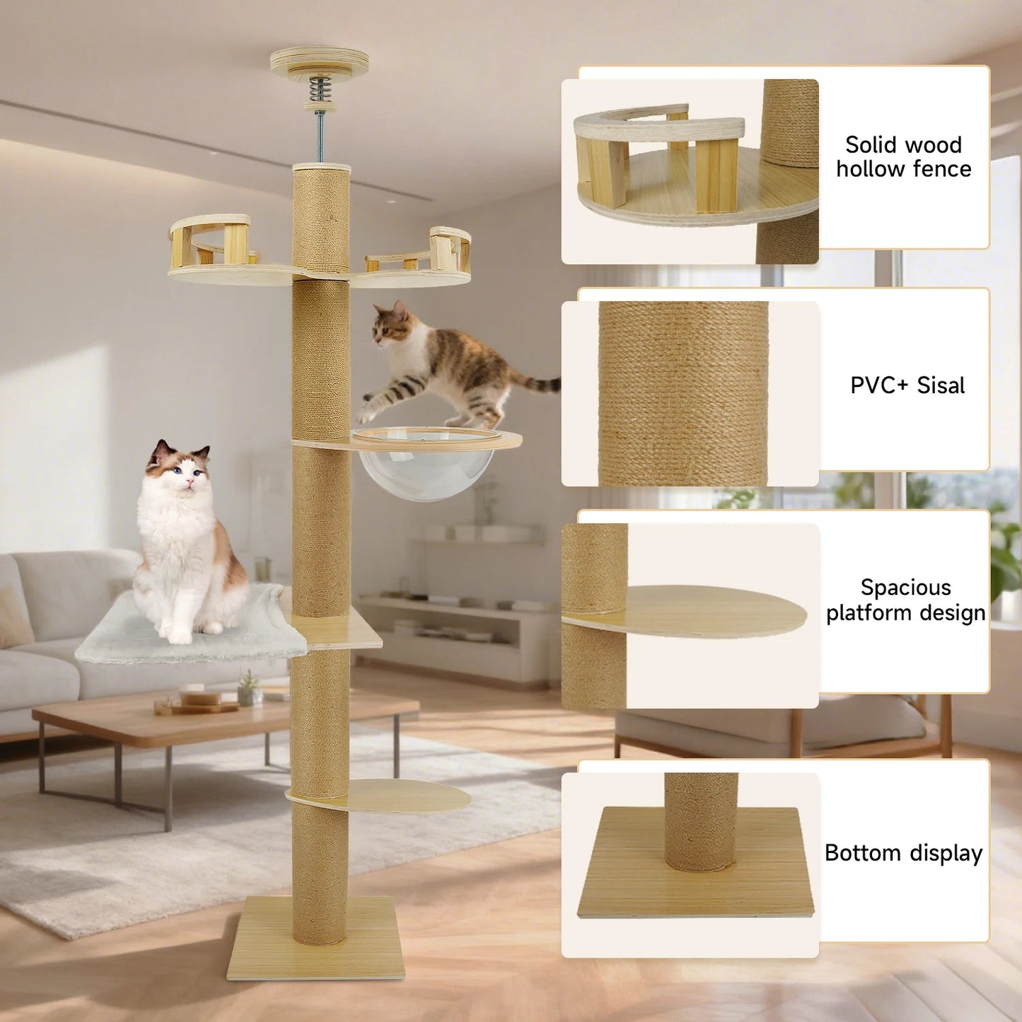 Minimalist Solid Wood Cat Tree, Multi-layer Platform Cat Climbing Frame, Spacious Cat Nest Sisal Scratching Post Pine Stable Base Indoor Pet Furniture Trendycat