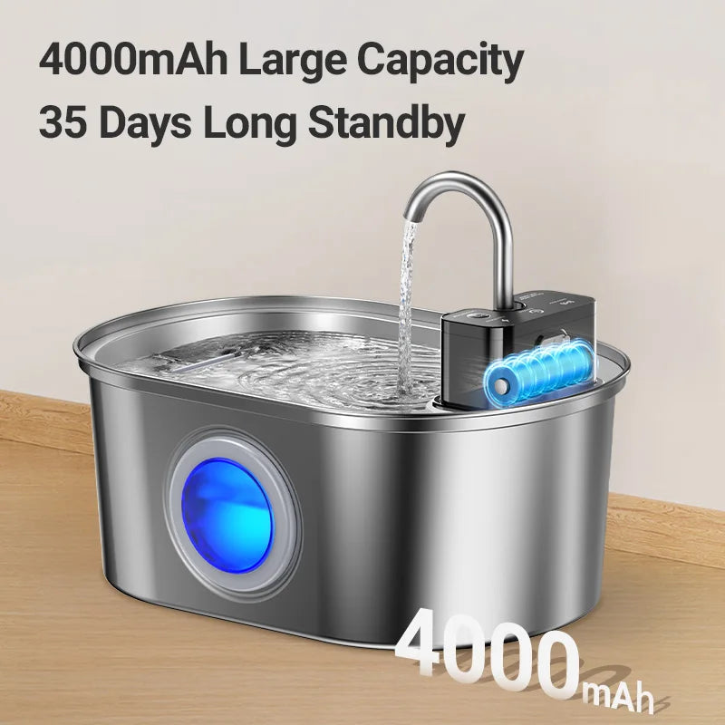 ROJECO 3.2L Stainless Steel Cat Water Fountain Wireless Sensor Smart Automatic Dog Water Dispenser Drinking Fountain 4000mAh Trendycat
