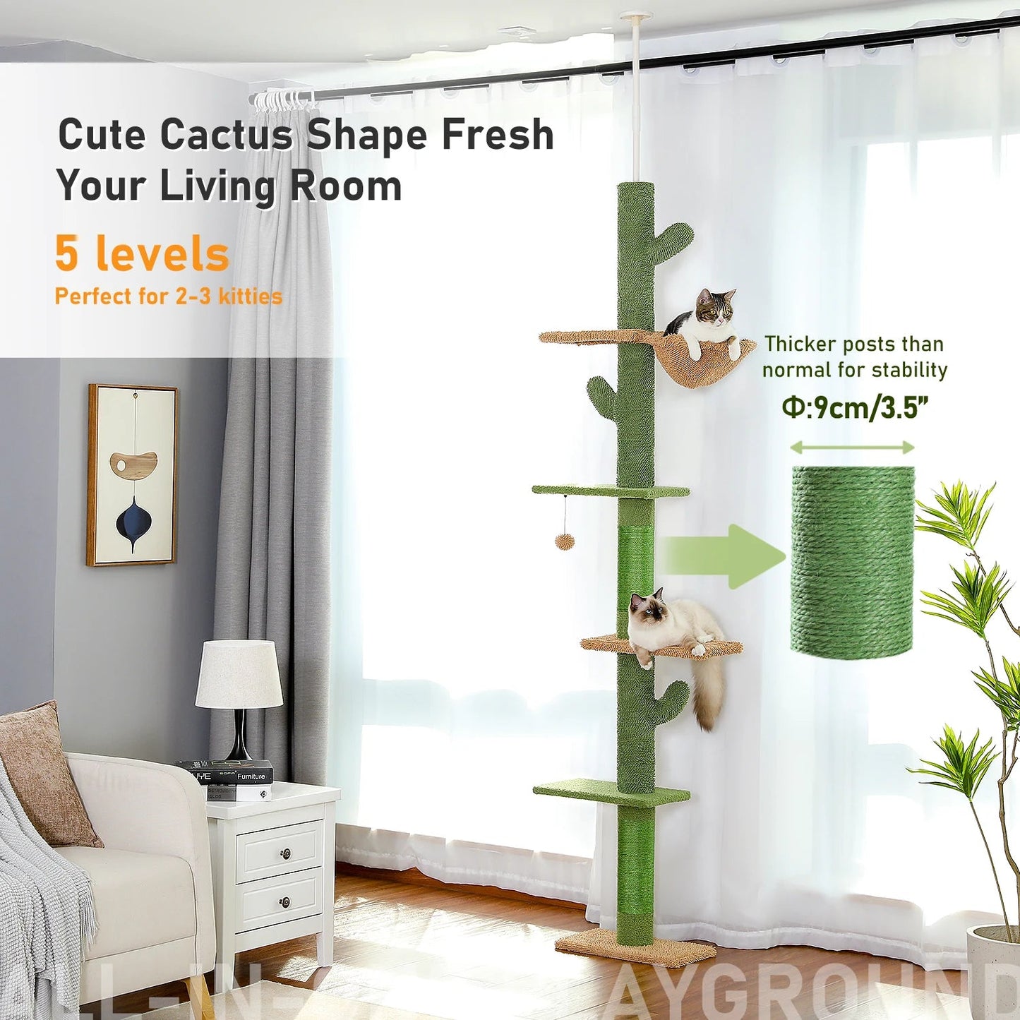Cat Tree 5-Tier Floor to Ceiling Cat Tower Cactus Tall Climbing Tree with Scratching Post Hammock Dangling Ball for Indoor Cats Trendycat