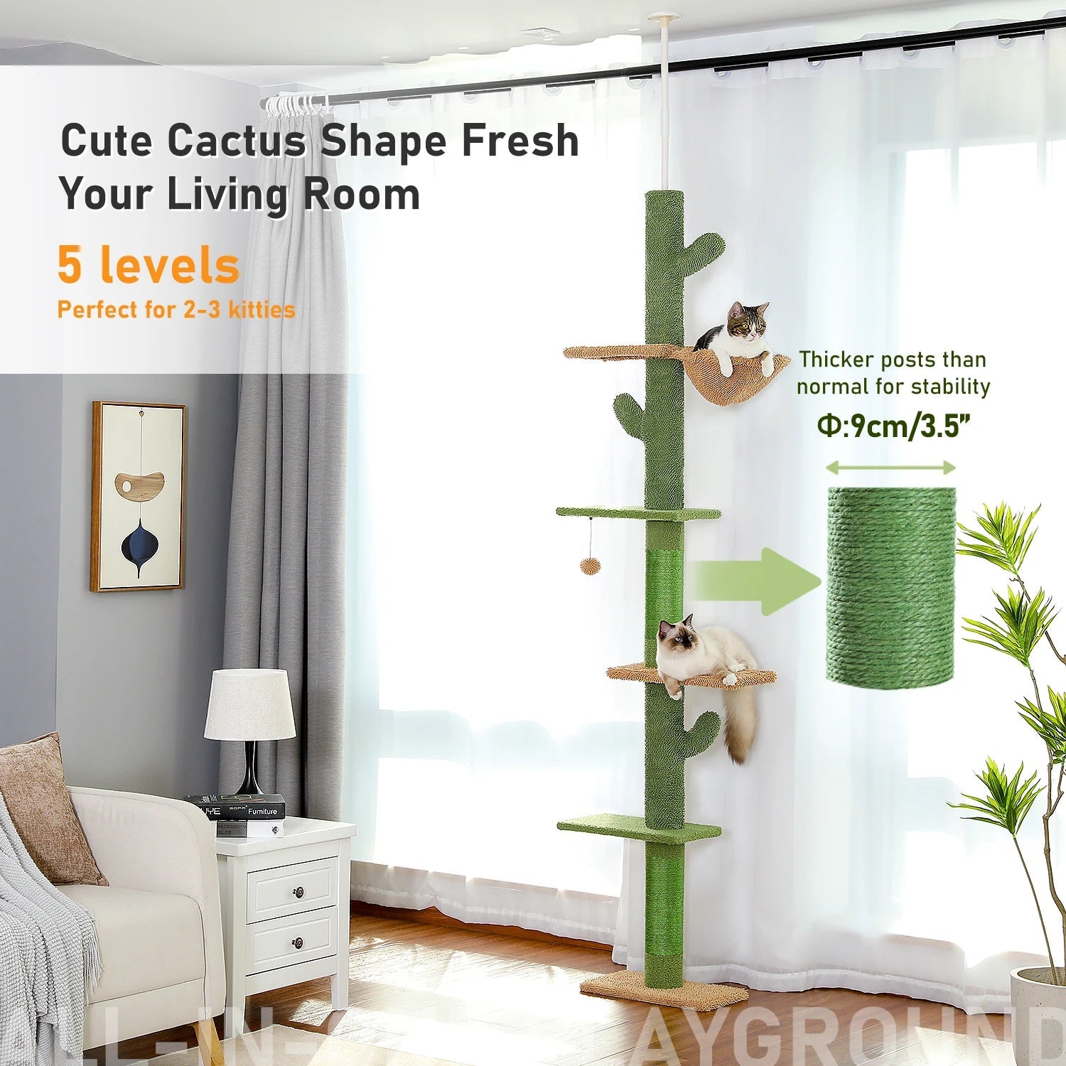 Cat Tree 5-Tier Floor to Ceiling Cat Tower Cactus Tall Climbing Tree with Scratching Post Hammock Dangling Ball for Indoor Cats Trendycat
