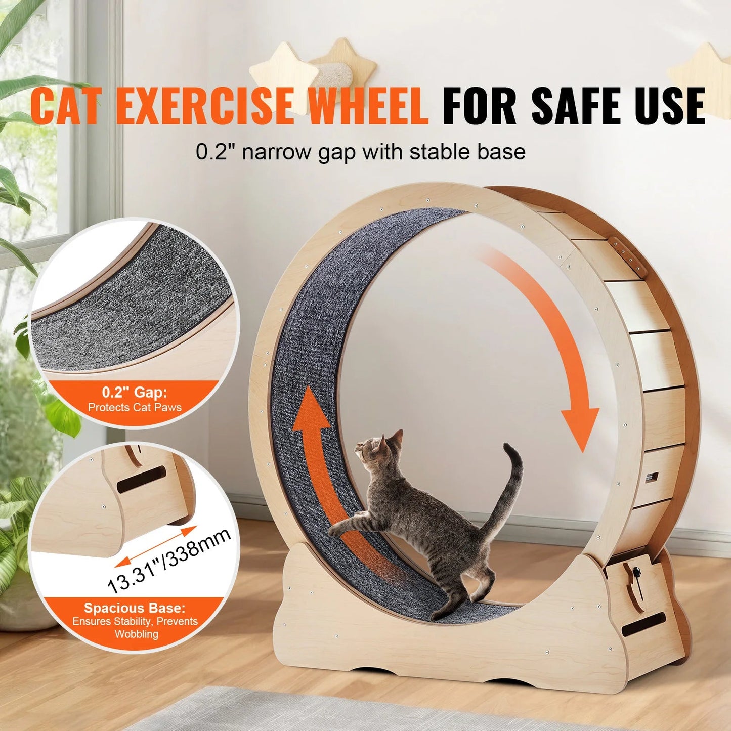 SucceBuy Wooden Cat Exercise Wheel Large Cat Treadmill Wheel for Indoor Cat Running Wheel with Detachable Carpet& Cat Teaser Trendycat