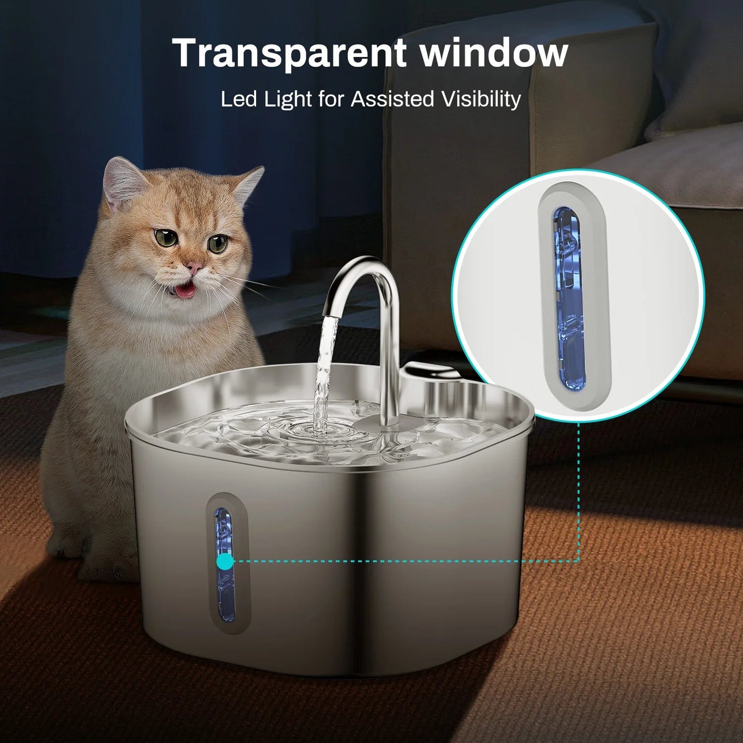 ZYFeeder 2.2L Automatic Cat Water Fountain Square Stainless Steel Pet Water Feeder Dog Water Fountain with window（No 5V 1A Plug） Trendycat
