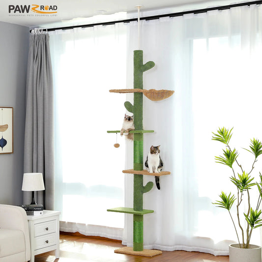 Cat Tree 5-Tier Floor to Ceiling Cat Tower Cactus Tall Climbing Tree with Scratching Post Hammock Dangling Ball for Indoor Cats Trendycat