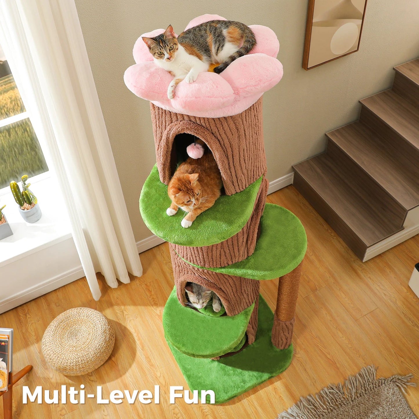 Large Cat Tree with 4 Spacious Condos Thick Scratching Post Flower Top Bed Tall Cat Tower for Indoor Luxury Cat House Bed Toys Trendycat