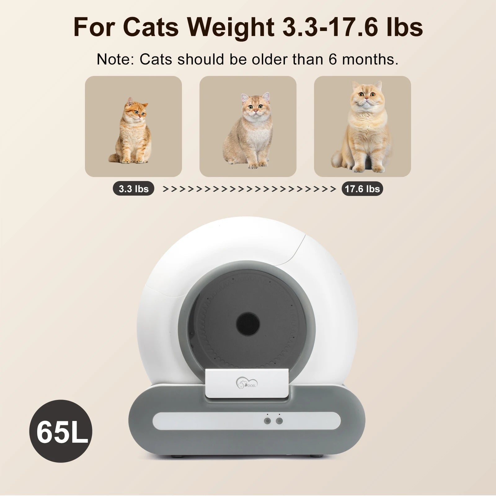 DOEL 65L Self-Cleaning Cat Litter Box App Control, ONLY Supports 2.4G WiFi w/Litter Mat&Trash Bags, Fit for Tofu & Mixed Litter Trendycat