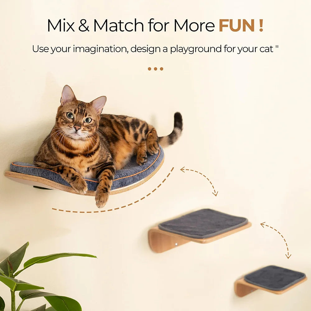 Cat Wall Shelves Curved Hammock Bed Steps with Cushions Cat Furniture for Sleeping Playing Climbing Contoured Cat Rack Supplies Trendycat