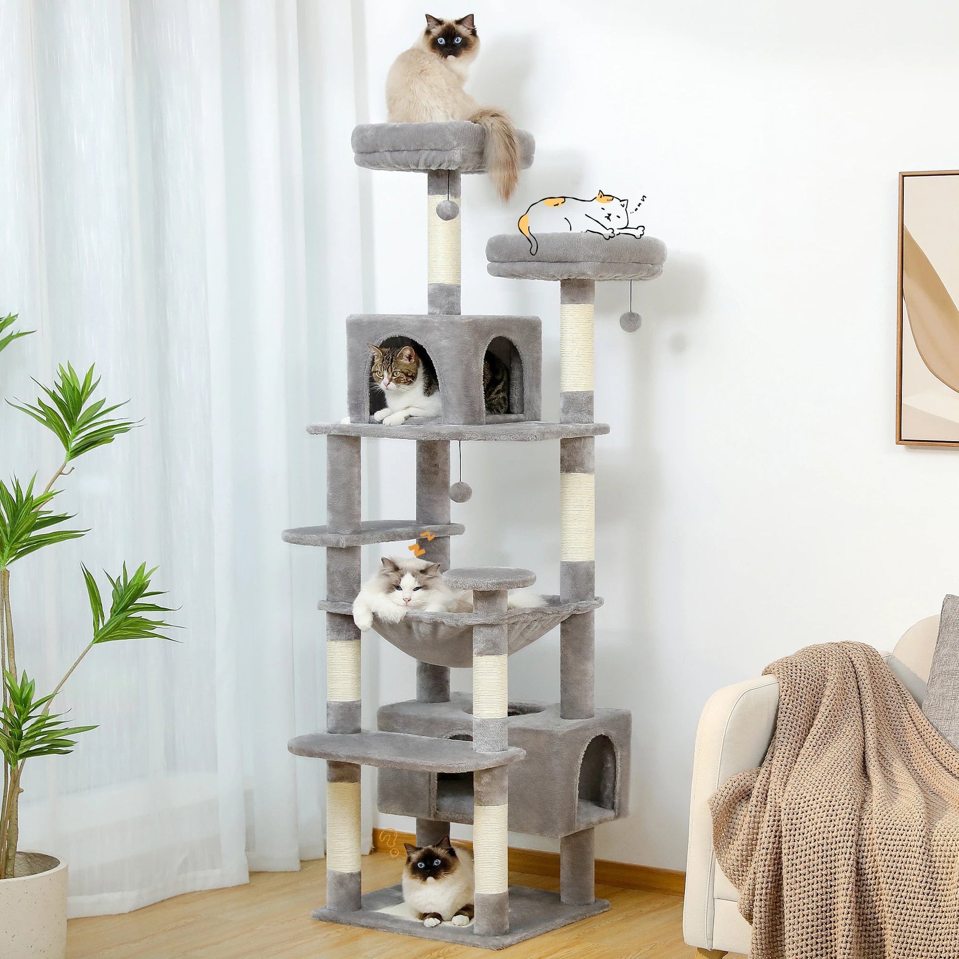 Large Cat Tree and Tower for Indoor Cats With Sisal-Covered Scratching Posts Spacious Hammock Padded Perches and Condos Cat Toys Trendycat