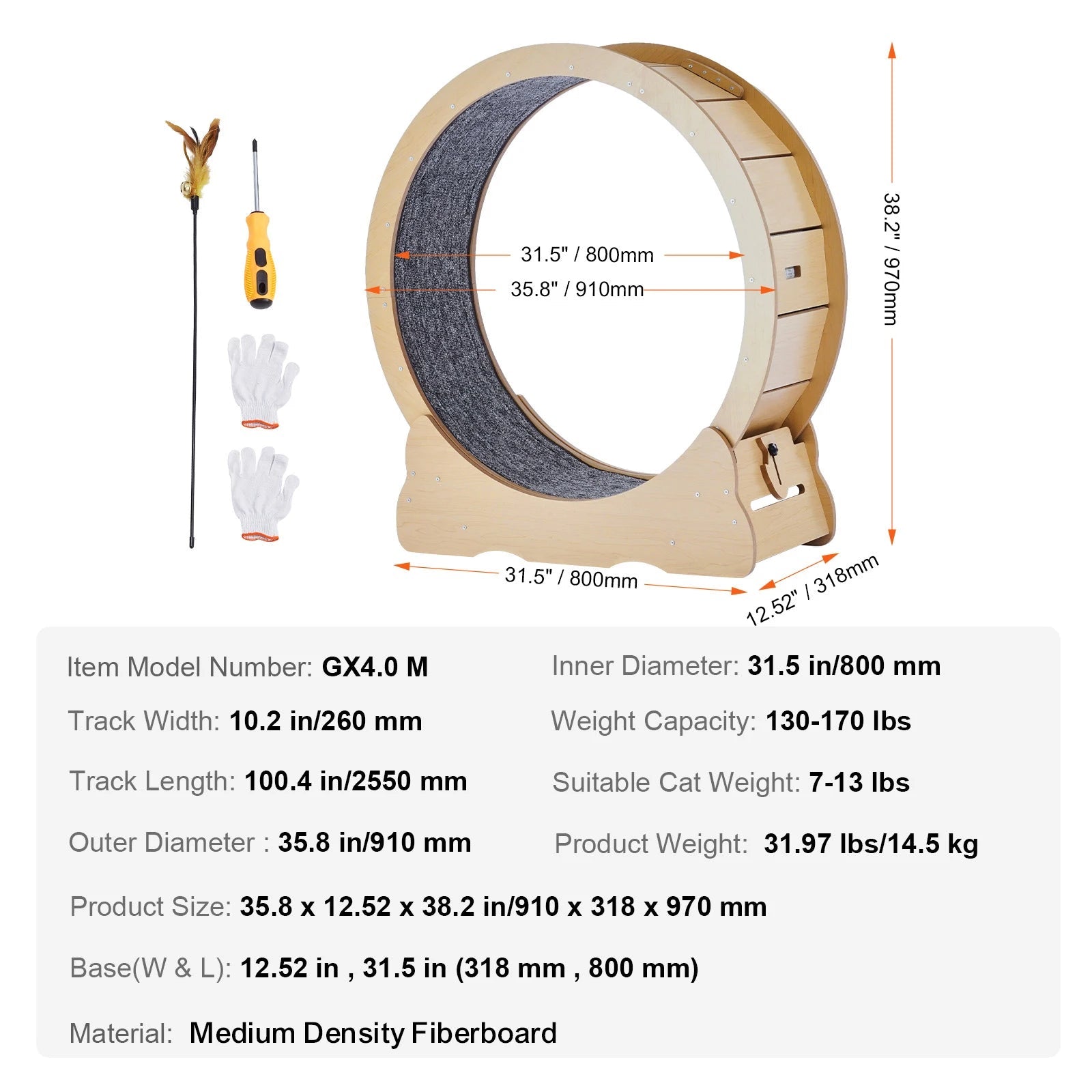 SucceBuy Wooden Cat Exercise Wheel Large Cat Treadmill Wheel for Indoor Cat Running Wheel with Detachable Carpet& Cat Teaser Trendycat