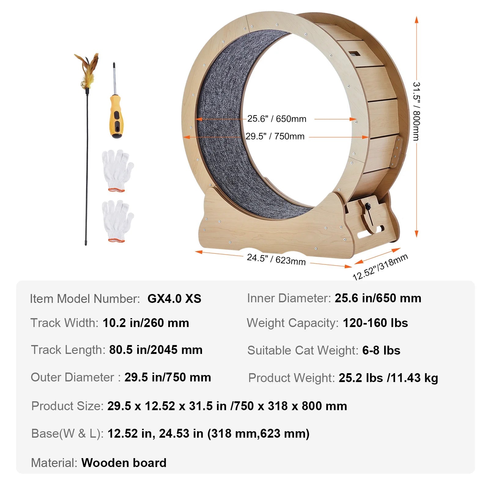 SucceBuy Wooden Cat Exercise Wheel Large Cat Treadmill Wheel for Indoor Cat Running Wheel with Detachable Carpet& Cat Teaser Trendycat
