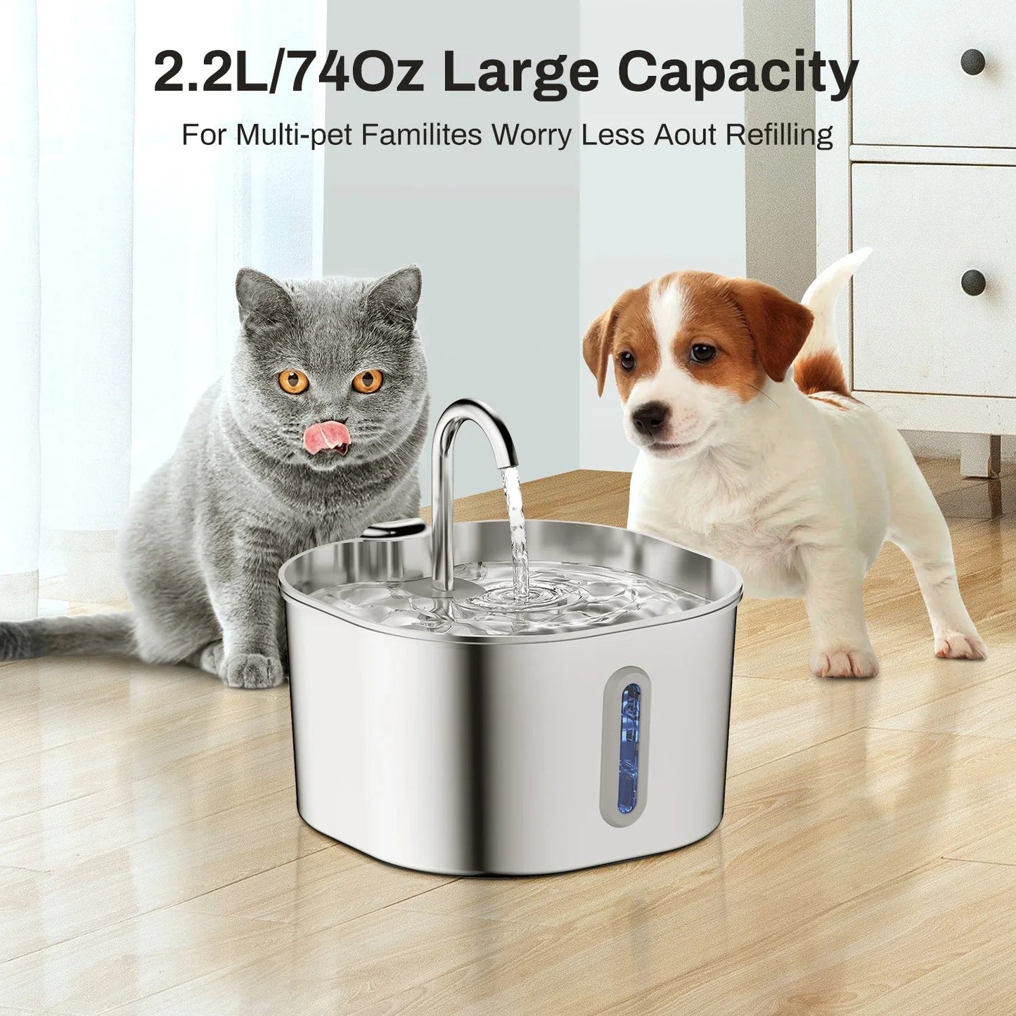 ZYFeeder 2.2L Automatic Cat Water Fountain Square Stainless Steel Pet Water Feeder Dog Water Fountain with window（No 5V 1A Plug） Trendycat