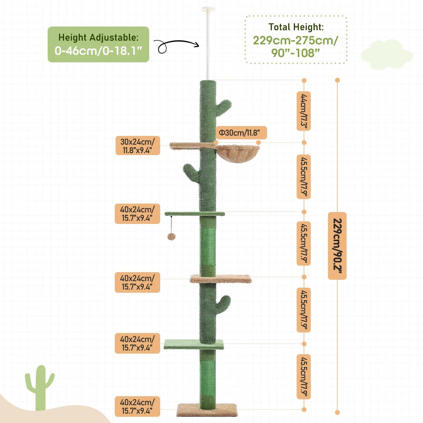 Cat Tree 5-Tier Floor to Ceiling Cat Tower Cactus Tall Climbing Tree with Scratching Post Hammock Dangling Ball for Indoor Cats Trendycat