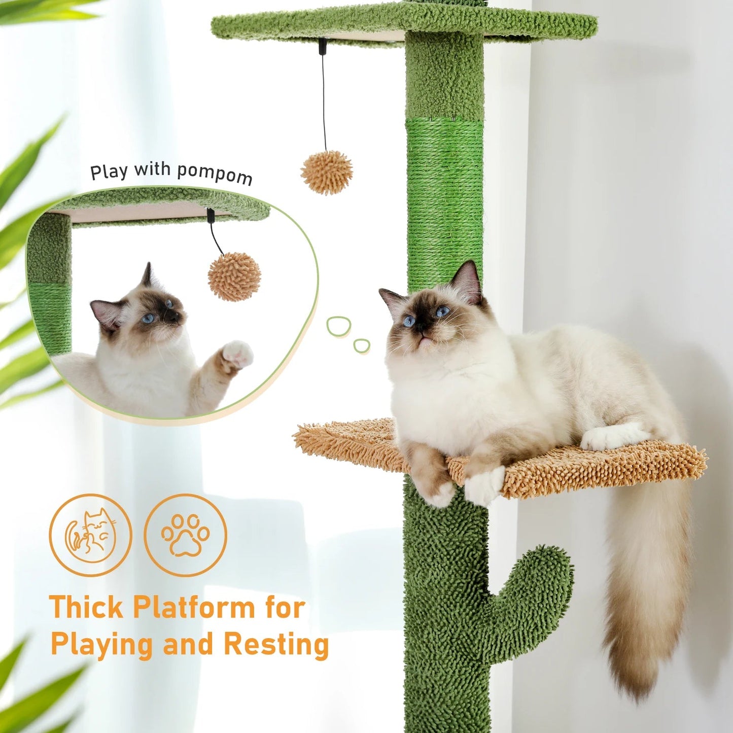 Cat Tree 5-Tier Floor to Ceiling Cat Tower Cactus Tall Climbing Tree with Scratching Post Hammock Dangling Ball for Indoor Cats Trendycat