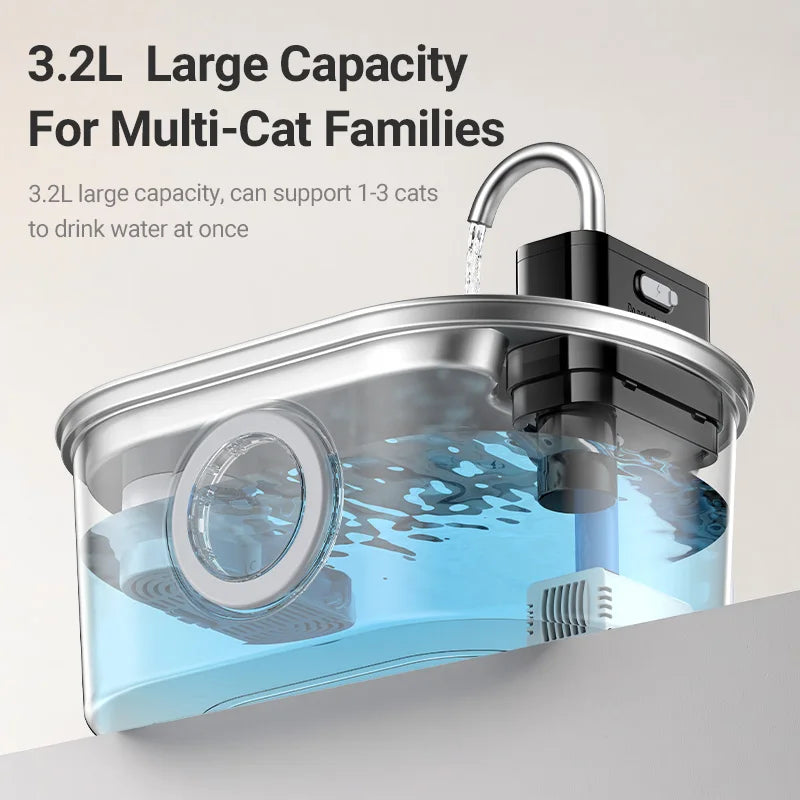 ROJECO 3.2L Stainless Steel Cat Water Fountain Wireless Sensor Smart Automatic Dog Water Dispenser Drinking Fountain 4000mAh Trendycat