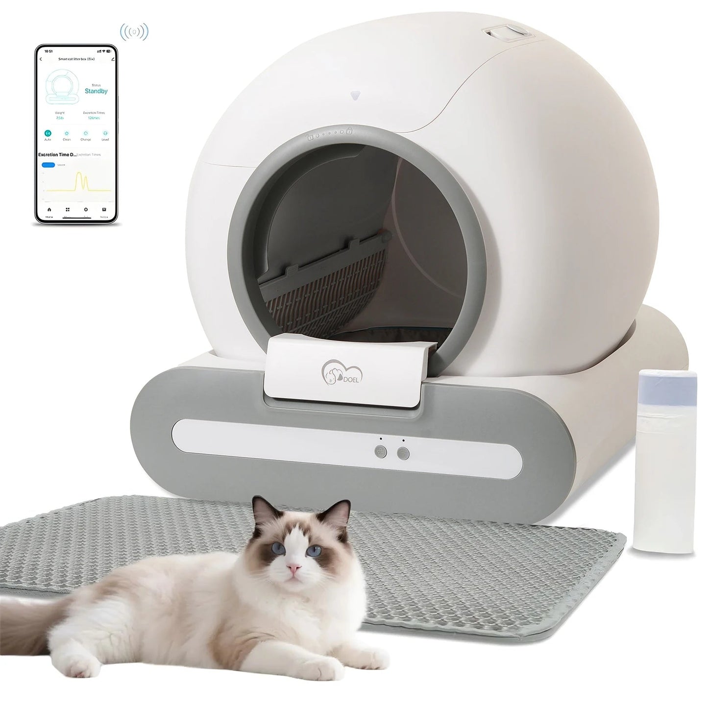 DOEL 65L Self-Cleaning Cat Litter Box App Control, ONLY Supports 2.4G WiFi w/Litter Mat&Trash Bags, Fit for Tofu & Mixed Litter Trendycat