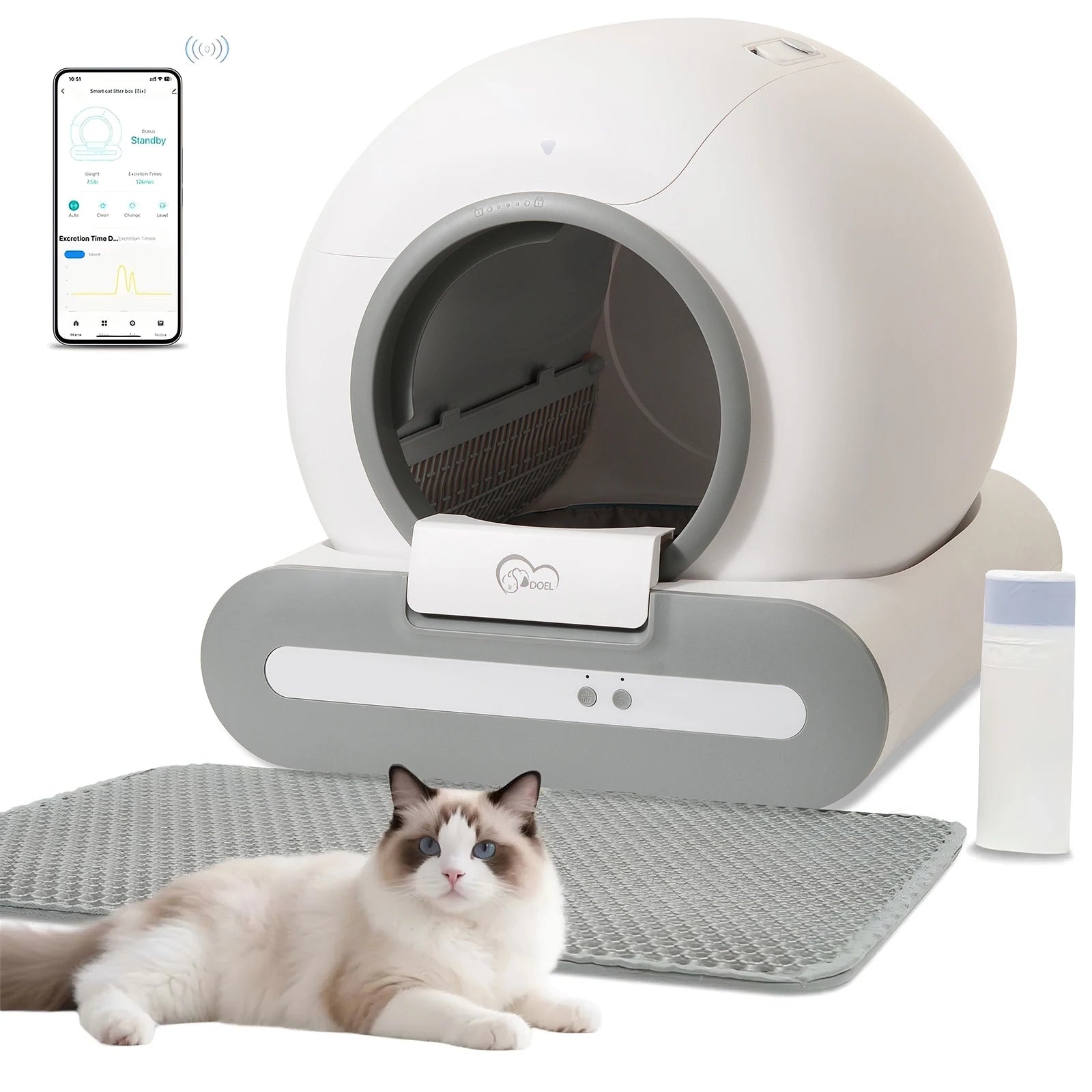 DOEL 65L Self-Cleaning Cat Litter Box App Control, ONLY Supports 2.4G WiFi w/Litter Mat&Trash Bags, Fit for Tofu & Mixed Litter Trendycat