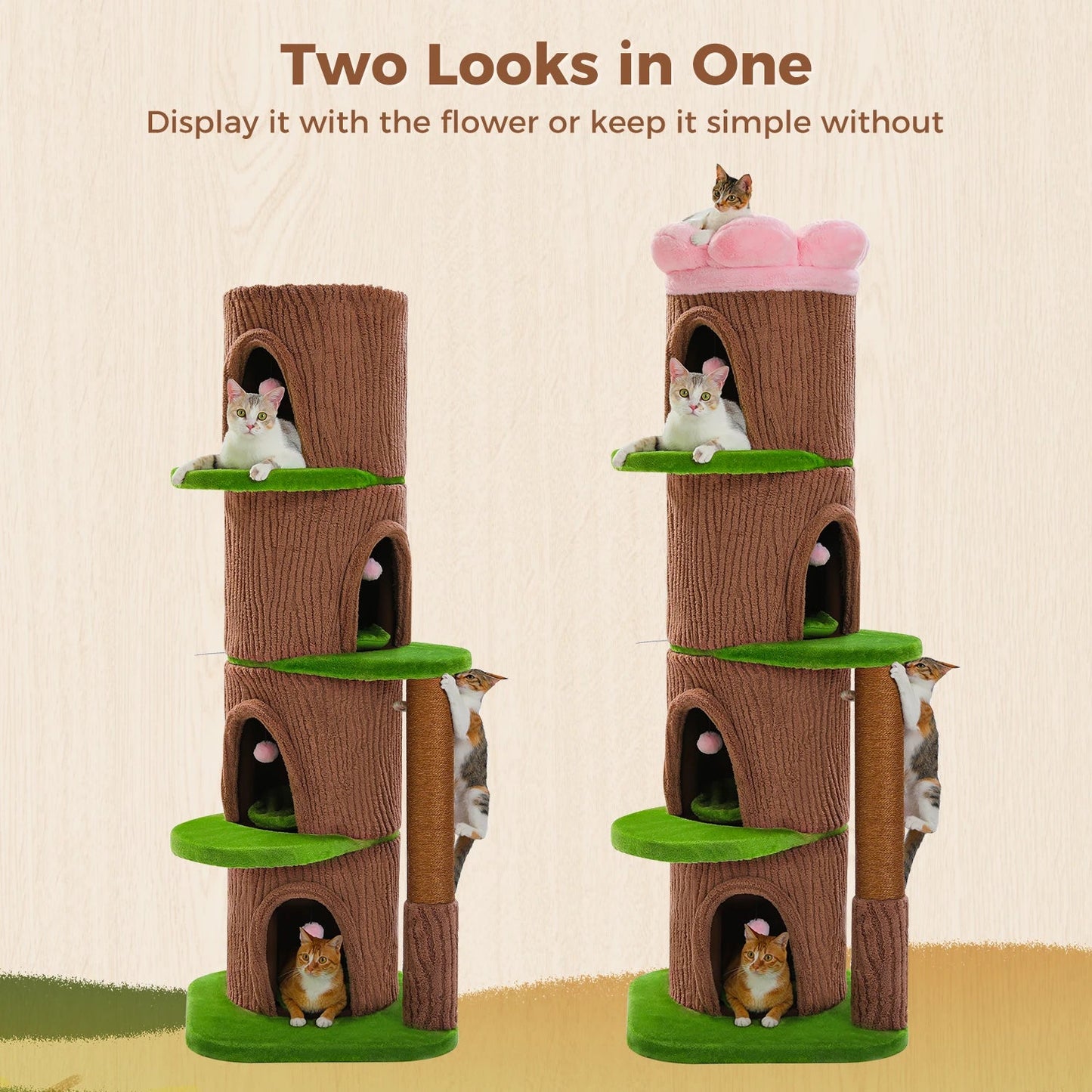 Large Cat Tree with 4 Spacious Condos Thick Scratching Post Flower Top Bed Tall Cat Tower for Indoor Luxury Cat House Bed Toys Trendycat