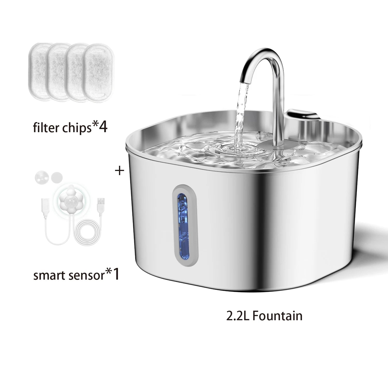 ZYFeeder 2.2L Automatic Cat Water Fountain Square Stainless Steel Pet Water Feeder Dog Water Fountain with window（No 5V 1A Plug） Trendycat
