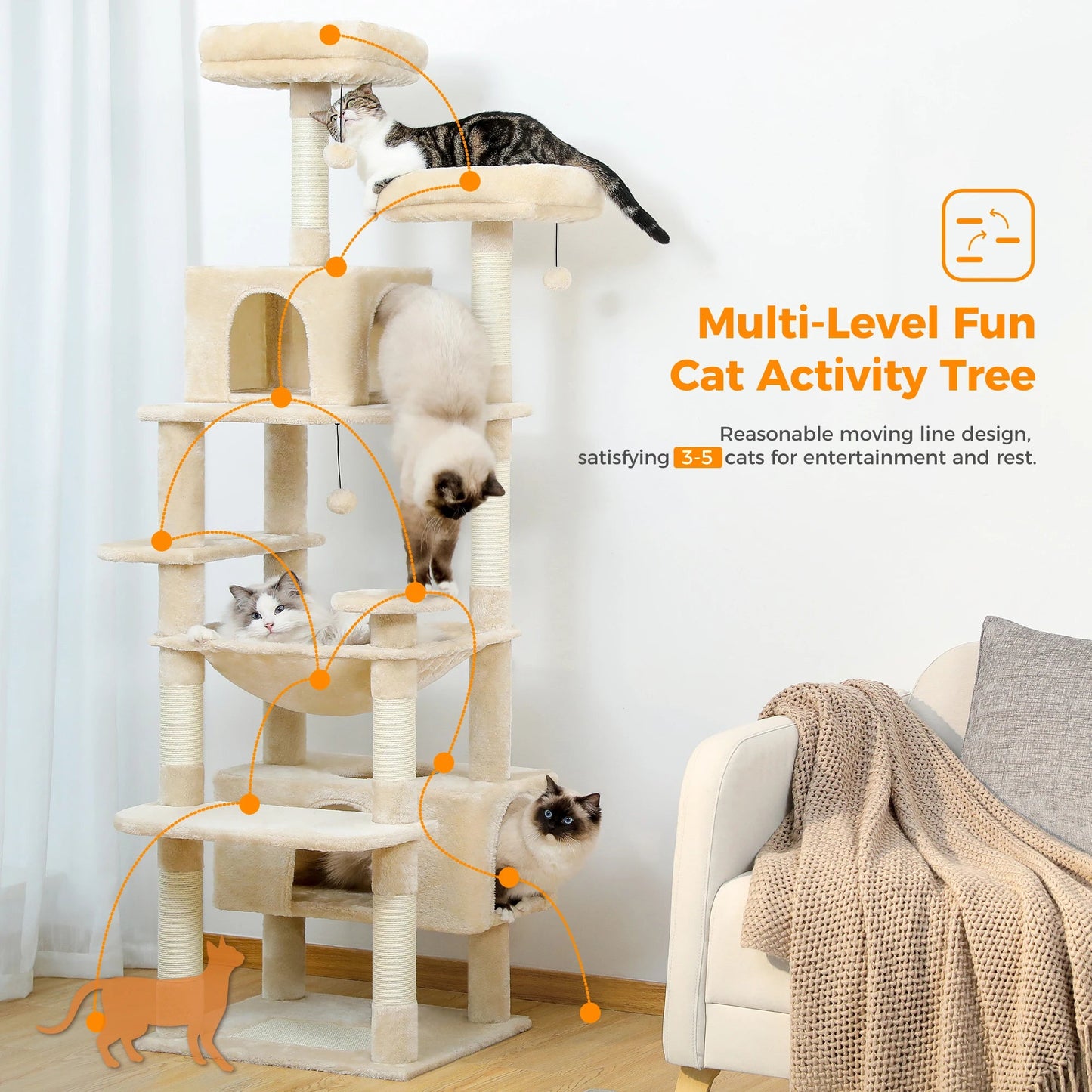 Large Cat Tree and Tower for Indoor Cats With Sisal-Covered Scratching Posts Spacious Hammock Padded Perches and Condos Cat Toys Trendycat