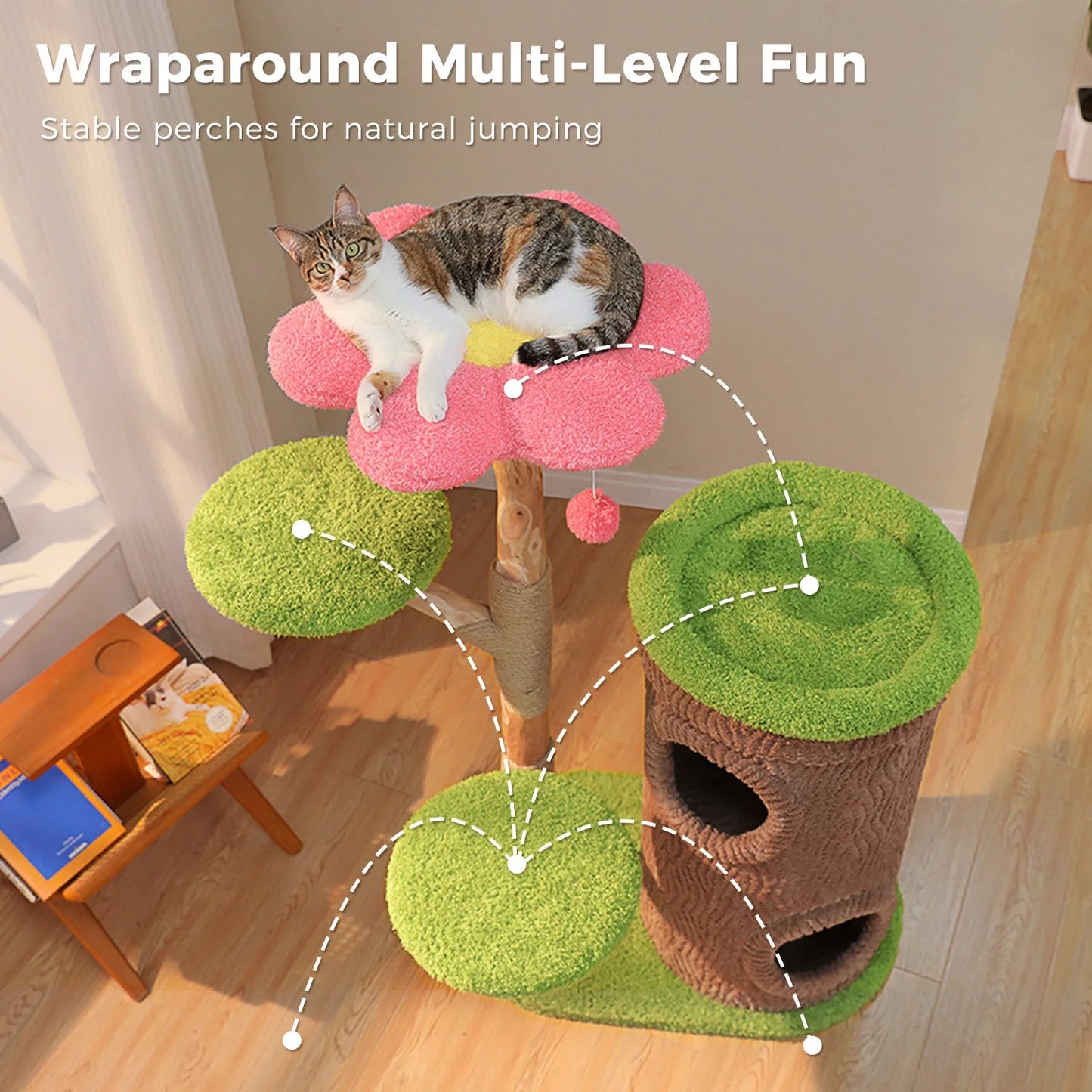 Large Cat Tree with 4 Spacious Condos Thick Scratching Post Flower Top Bed Tall Cat Tower for Indoor Luxury Cat House Bed Toys Trendycat