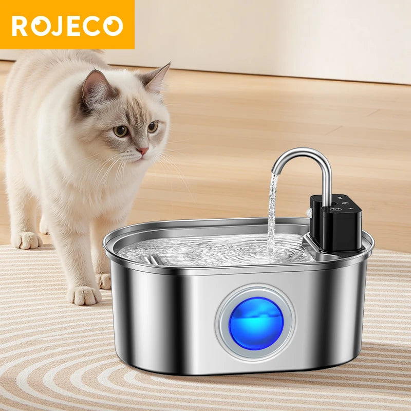 ROJECO 3.2L Stainless Steel Cat Water Fountain Wireless Sensor Smart Automatic Dog Water Dispenser Drinking Fountain 4000mAh Trendycat