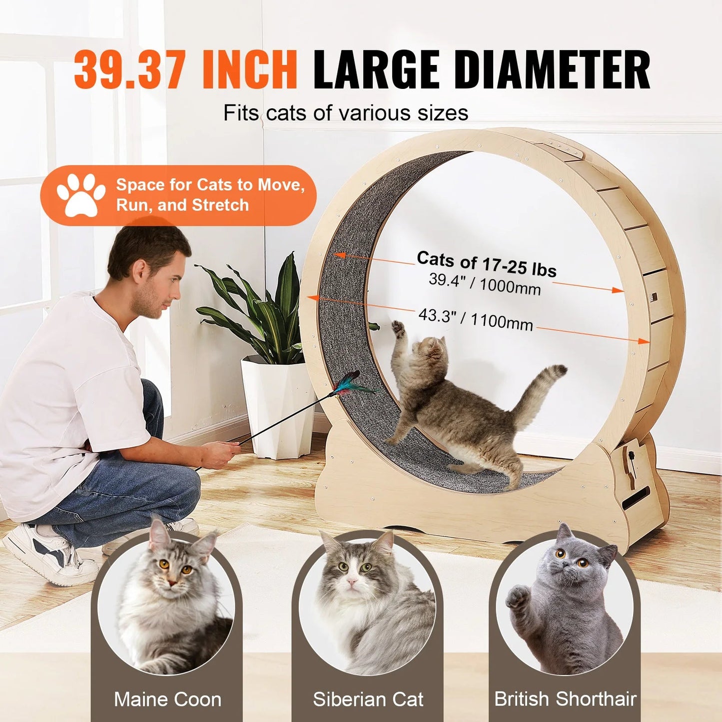 SucceBuy Wooden Cat Exercise Wheel Large Cat Treadmill Wheel for Indoor Cat Running Wheel with Detachable Carpet& Cat Teaser Trendycat