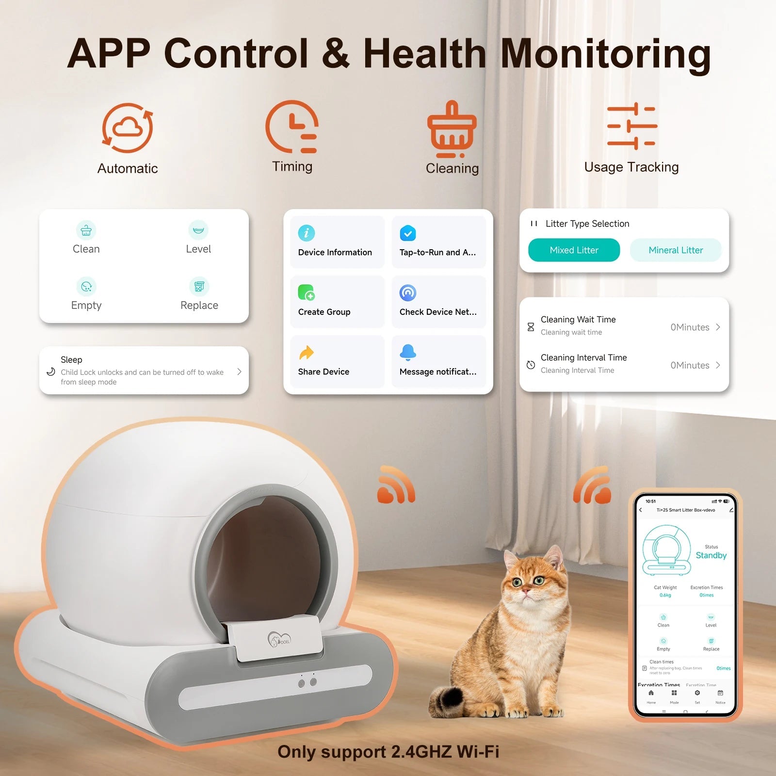 DOEL 65L Self-Cleaning Cat Litter Box App Control, ONLY Supports 2.4G WiFi w/Litter Mat&Trash Bags, Fit for Tofu & Mixed Litter Trendycat