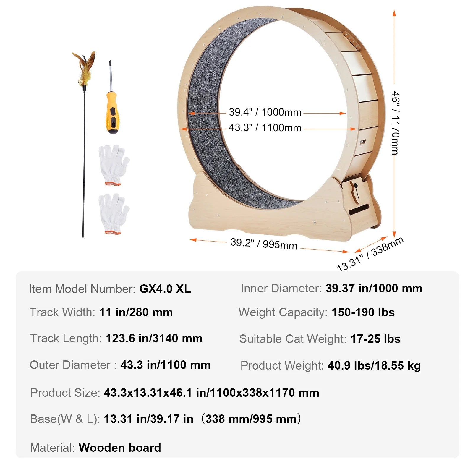 SucceBuy Wooden Cat Exercise Wheel Large Cat Treadmill Wheel for Indoor Cat Running Wheel with Detachable Carpet& Cat Teaser Trendycat