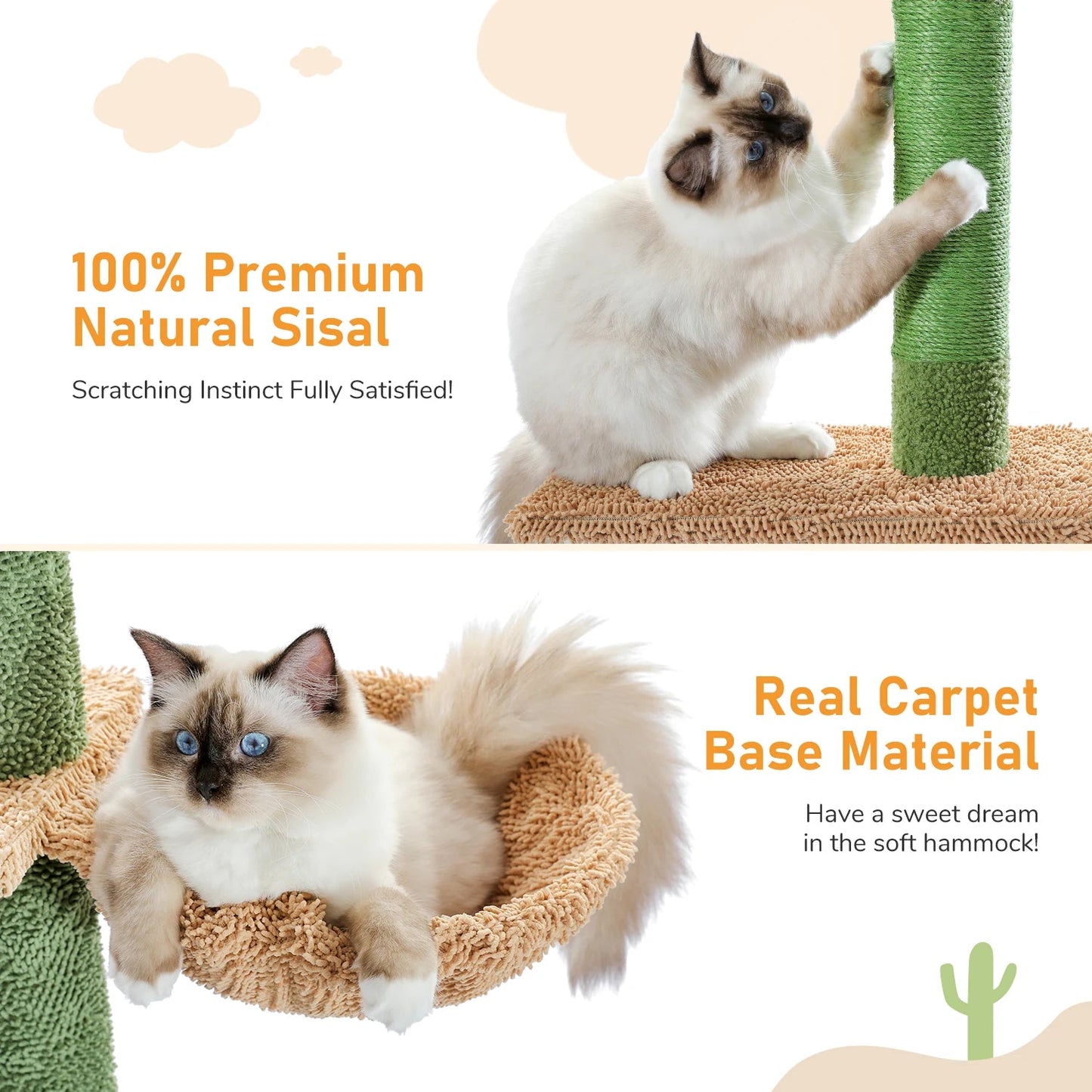 Cat Tree 5-Tier Floor to Ceiling Cat Tower Cactus Tall Climbing Tree with Scratching Post Hammock Dangling Ball for Indoor Cats Trendycat