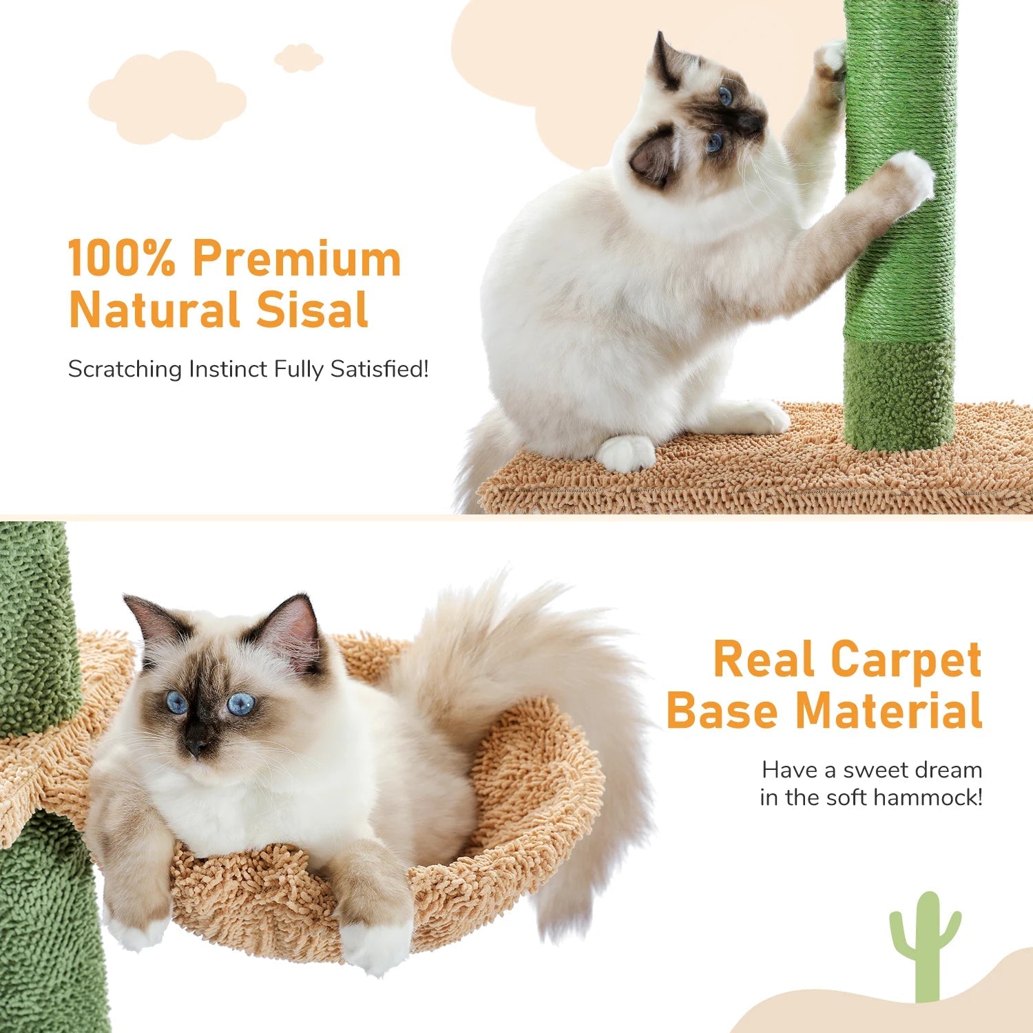 Cat Tree 5-Tier Floor to Ceiling Cat Tower Cactus Tall Climbing Tree with Scratching Post Hammock Dangling Ball for Indoor Cats Trendycat