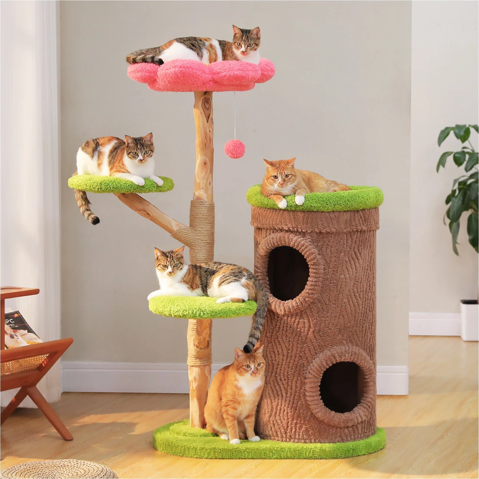 Large Cat Tree with 4 Spacious Condos Thick Scratching Post Flower Top Bed Tall Cat Tower for Indoor Luxury Cat House Bed Toys Trendycat