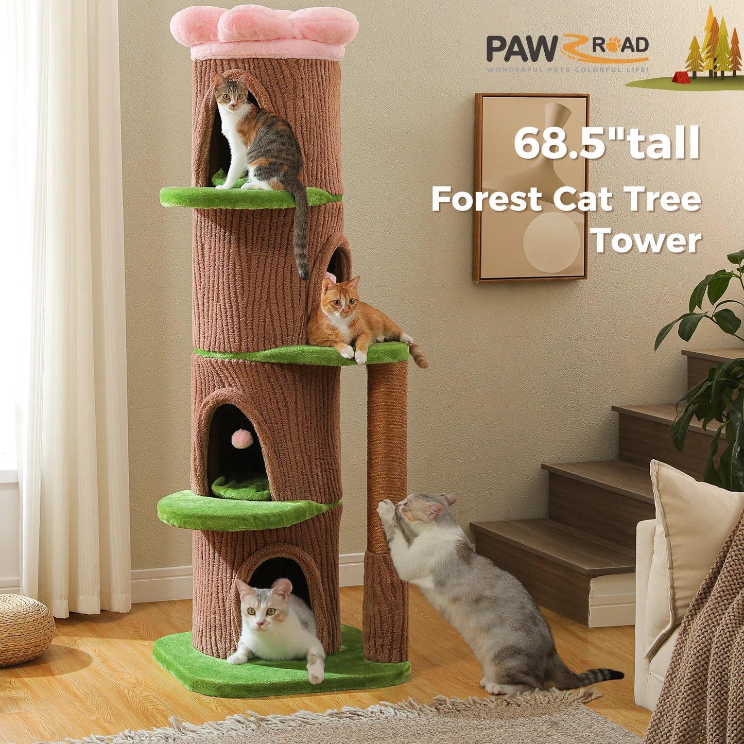 Large Cat Tree with 4 Spacious Condos Thick Scratching Post Flower Top Bed Tall Cat Tower for Indoor Luxury Cat House Bed Toys Trendycat
