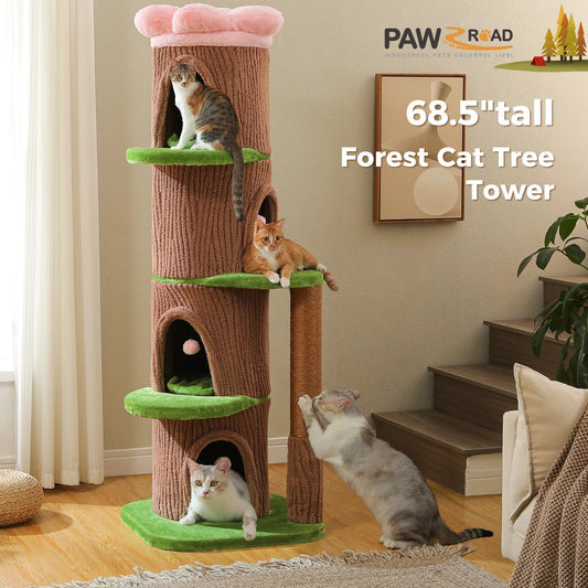Large Cat Tree with 4 Spacious Condos Thick Scratching Post Flower Top Bed Tall Cat Tower for Indoor Luxury Cat House Bed Toys Trendycat