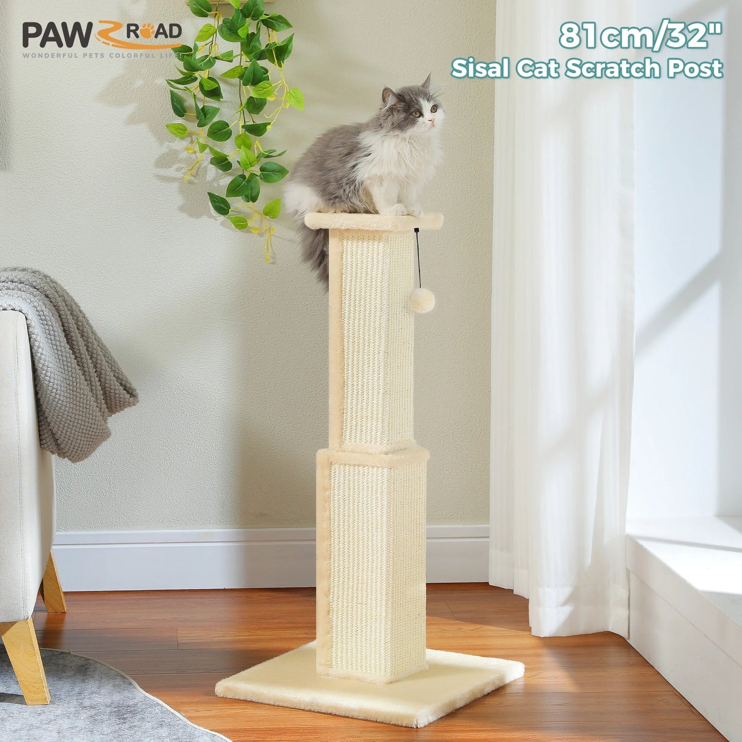Large Cat Scratching Post for Indoor Cats Adults Ultimate Scratch Post with Woven Sisal Dangling Ball Tall Cat Scratcher Cat Toy Trendycat