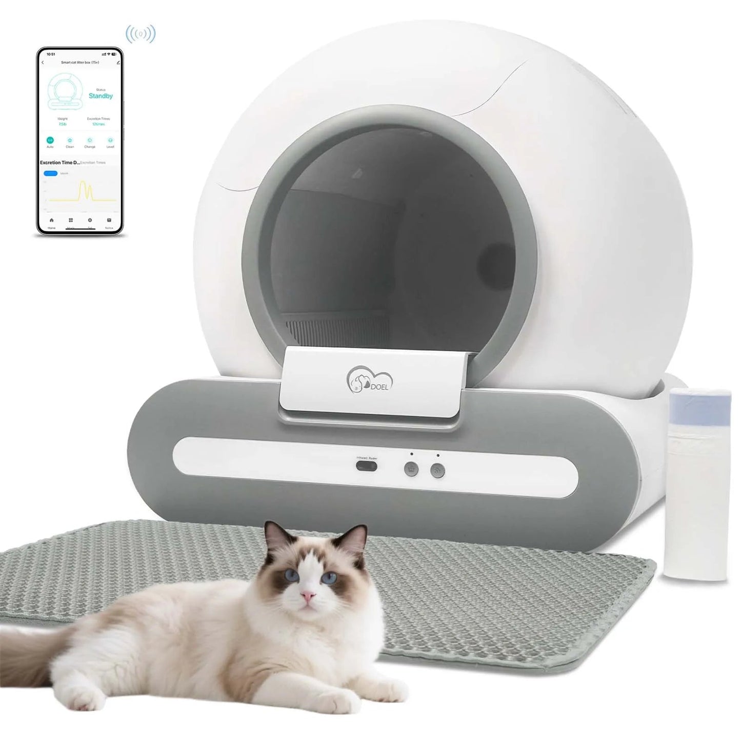 DOEL 65L Self-Cleaning Cat Litter Box App Control, ONLY Supports 2.4G WiFi w/Litter Mat&Trash Bags, Fit for Tofu & Mixed Litter Trendycat