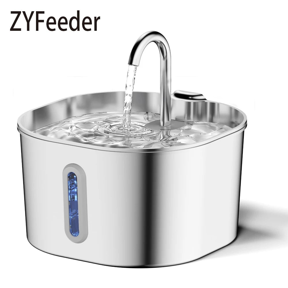 ZYFeeder 2.2L Automatic Cat Water Fountain Square Stainless Steel Pet Water Feeder Dog Water Fountain with window（No 5V 1A Plug） Trendycat